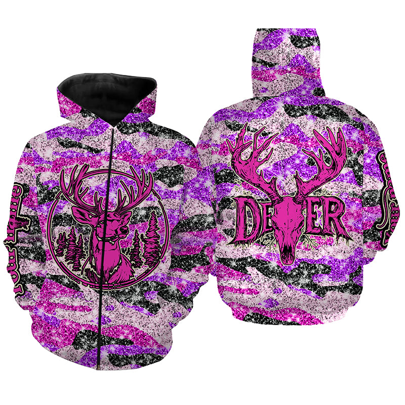 Pink glitter camo hunting Customize Name 3D All Over Printed Shirts, Deer hunting shirts for women NQS1051