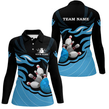 Load image into Gallery viewer, Black and Blue Women polo, quarter zip bowling shirt Custom bowling ball pins team league jerseys NQS8798