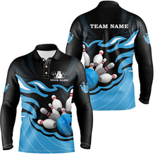 Load image into Gallery viewer, Black and Blue Mens polo, quarter zip bowling shirt Custom bowling ball pins team league jerseys NQS8798