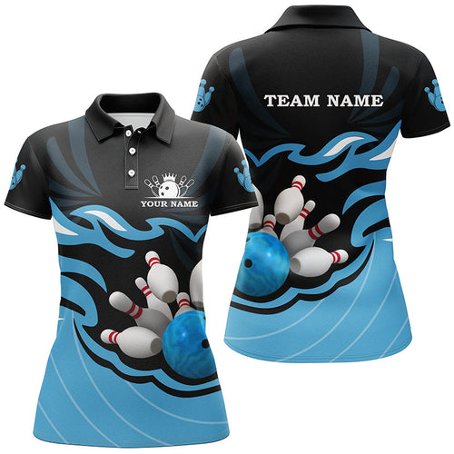 Black and Blue Women polo, quarter zip bowling shirt Custom bowling ball pins team league jerseys NQS8798