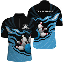 Load image into Gallery viewer, Black and Blue Mens polo, quarter zip bowling shirt Custom bowling ball pins team league jerseys NQS8798