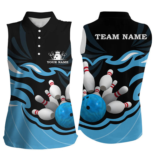 Black and Blue Womens sleeveless polo bowling shirt Custom bowling ball pins team league jerseys NQS8798