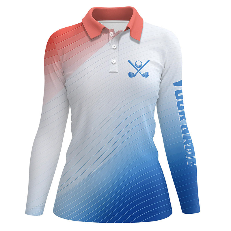 Red, White and Blue pattern Womens golf polo shirt custom team golf outfits, personalized golf gift NQS8801