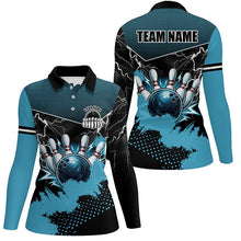 Load image into Gallery viewer, Black and Blue Grunge Lightning Thunder Bowling Shirts For Women Custom Bowling Team League Jerseys NQS8803