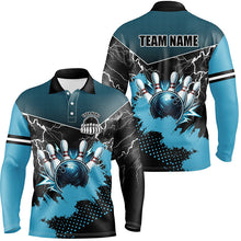 Load image into Gallery viewer, Black and Blue Grunge Lightning Thunder Bowling Shirts For Men Custom Bowling Team League Jerseys NQS8803