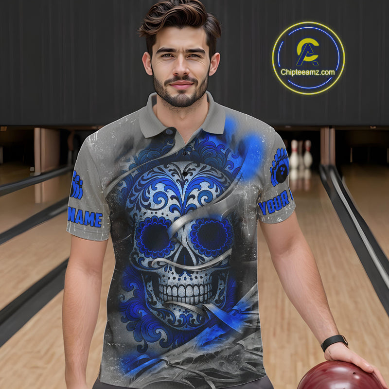 Blue Sugar Skull Tattoo Custom Mens Bowling Polo, Quarter Zip Shirts,Team Bowling Jerseys NQS10947