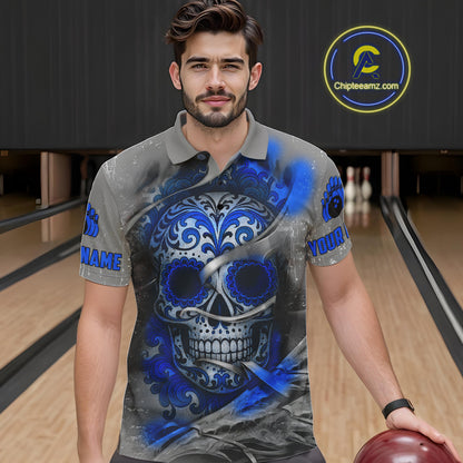 Blue Sugar Skull Tattoo Custom Mens Bowling Polo, Quarter Zip Shirts,Team Bowling Jerseys NQS10947