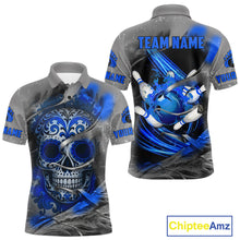 Load image into Gallery viewer, Blue Sugar Skull Tattoo Custom Mens Bowling Polo, Quarter Zip Shirts,Team Bowling Jerseys NQS10947