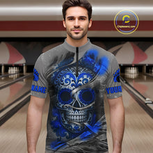 Load image into Gallery viewer, Blue Sugar Skull Tattoo Custom Mens Bowling Polo, Quarter Zip Shirts,Team Bowling Jerseys NQS10947