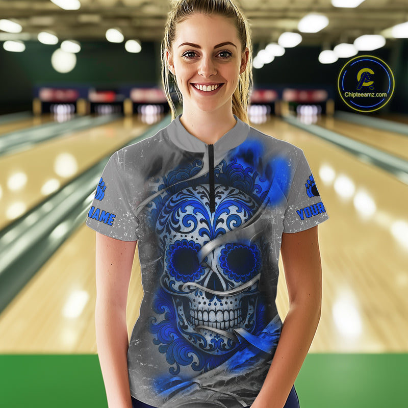 Blue Sugar Skull Tattoo Custom Women Bowling Polo, Quarter Zip Shirts,Team Bowling Jerseys NQS10947