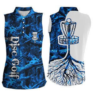 Womens disc golf sleeveless polo shirt blue camo disc golf basket, personalized disc golf shirts NQS4425