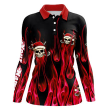 Load image into Gallery viewer, Black and Red Flame Womens golf polo Shirts custom Red Fire Santa Skull Christmas golf apparel NQS9041