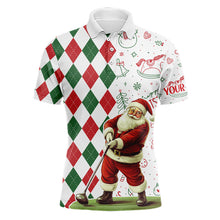 Load image into Gallery viewer, Christmas Santa golfer Mens golf polo shirts custom red, white, green argyle pattern Xmas golf gifts NQS9050