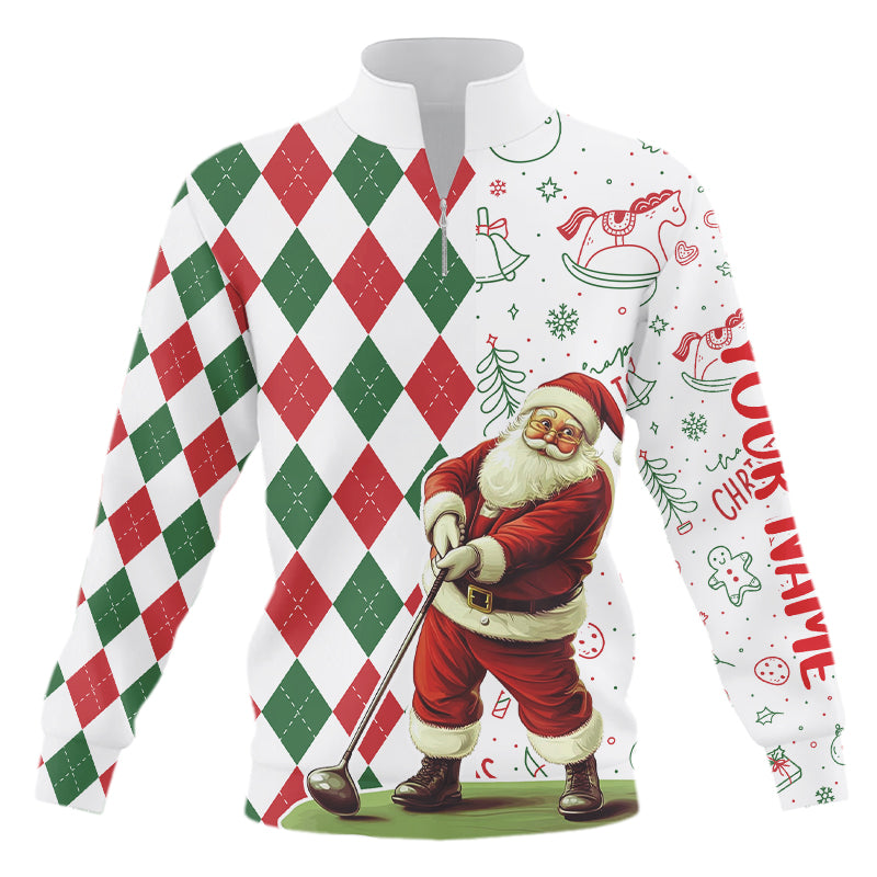 Christmas Santa golfer Quarter zip golf sweatshirt custom red white, green argyle pattern golf sweater NQS9050