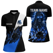 Load image into Gallery viewer, Black and Blue Skull reaper bowling jerseys Polo, 1/4 Zip Shirt for Women Custom Bowling Team shirts NQS9278