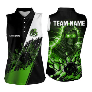 Black and Green Skull reaper bowling jerseys Sleeveless Polo Shirt Custom Bowling Team shirts NQS9279