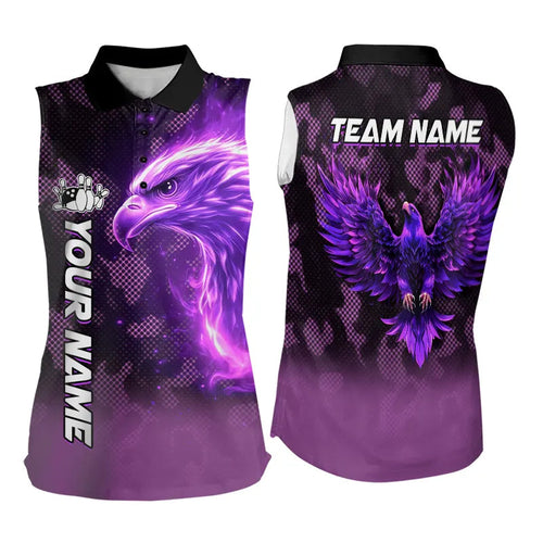 Purple Flame Eagle Camo Bowling Team Shirts For Women Custom Fire Bowling Sleeveless Polo Jersey NQS9441