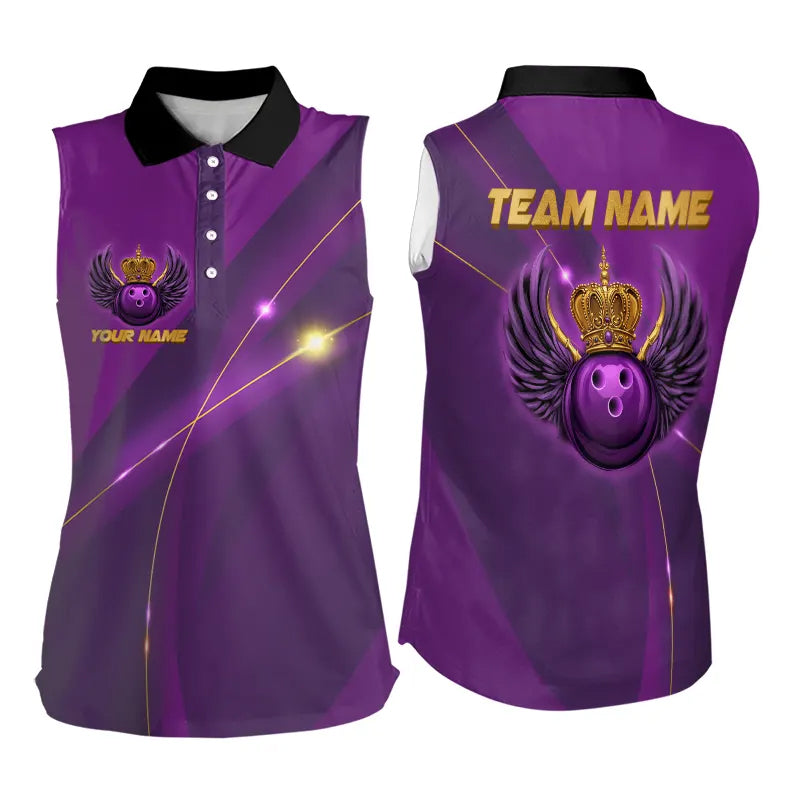 Purple and Gold Crown Bowling ball wings Bowling Sleeveless Polo Shirts Custom Bowling Team Outfits NQS9445