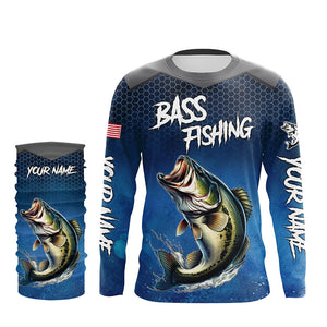 Blue camo Largemouth Bass fishing Custom performance long sleeve team Bass fishing tournament shirts NQS7364