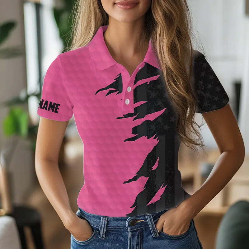 Personalized Womens golf polos shirt custom pink golf shirts black American flag ladies golf apparel NQS9775