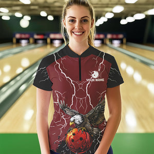Women bowling Polo, Quarter Zip shirts Custom Eagle bowling lightning storm team league jerseys | Red NQS9781