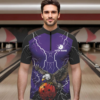 Men's bowling Polo, Quarter Zip shirt Custom Eagle bowling lightning storm team league jersey | Purple NQS9782