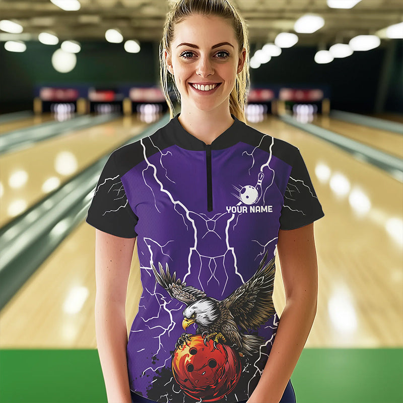 Women bowling Polo, Quarter Zip shirt Custom Eagle bowling lightning storm team league jersey | Purple NQS9782