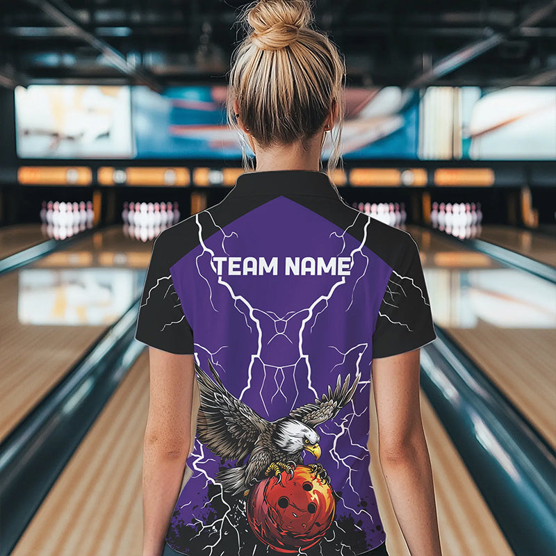 Women bowling Polo, Quarter Zip shirt Custom Eagle bowling lightning storm team league jersey | Purple NQS9782