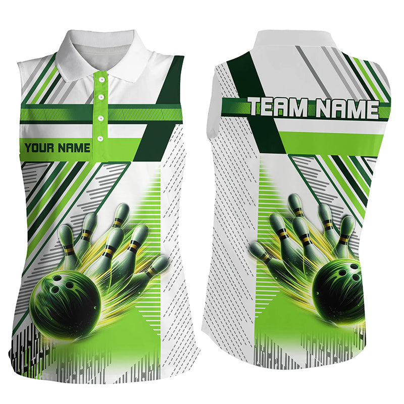 Green and white Women Sleeveless Polo Shirt Custom team league bowling jerseys, gifts for bowlers NQS7539