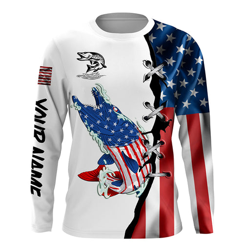 Musky fishing legend American flag patriotic UV protection Customize long sleeves fishing shirts NQS5567