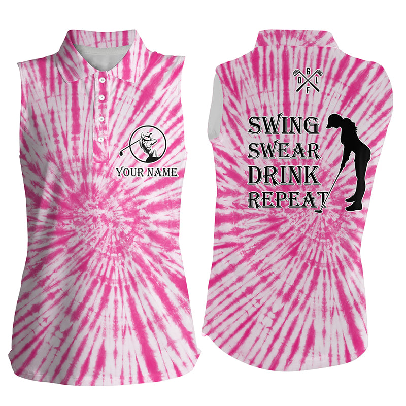 Funny Womens sleeveless polo shirt custom swing swear drink repeat pink tie dye pattern golf shirts NQS5576