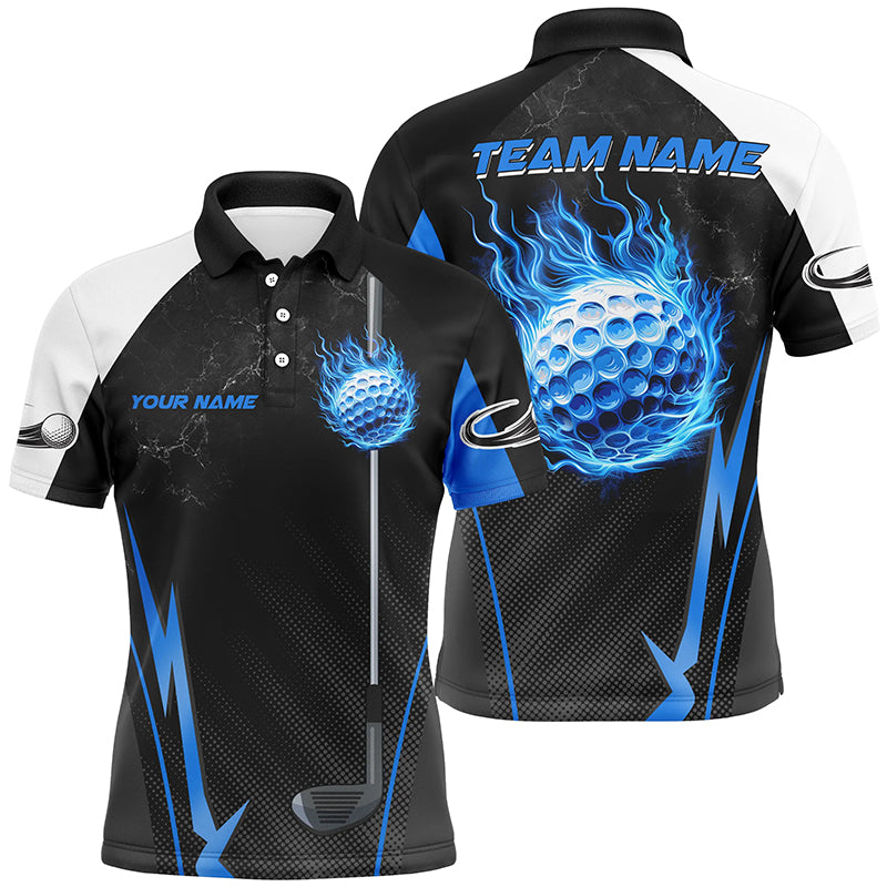 Black and white golf outfits men custom Blue Flame golf ball Mens golf polo shirts, golfing gifts NQS7692