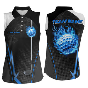 Black and white ladies golf tops custom Blue Flame golf ball Womens sleeveless polo shirts, golf gifts NQS7692