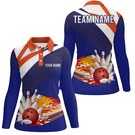 Blue orange personalized bowling shirt for women – custom name design side view