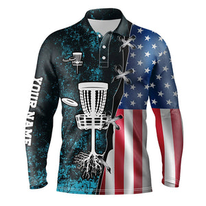 Mens disc golf polo shirt American flag blue grunge custom disc golf team shirt, disc golf gifts NQS7933