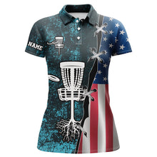 Load image into Gallery viewer, Womens disc golf polo shirt American flag blue grunge custom disc golf team shirt, disc golf gifts NQS7933