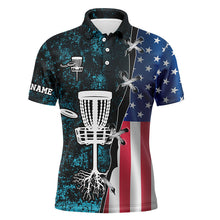 Load image into Gallery viewer, Mens disc golf polo shirt American flag blue grunge custom disc golf team shirt, disc golf gifts NQS7933