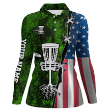 Load image into Gallery viewer, Womens disc golf polo shirt American flag green grunge custom disc golf team shirt, disc golf gifts NQS7934