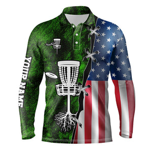 Mens disc golf polo shirt American flag green grunge custom disc golf team shirt, disc golf gifts NQS7934