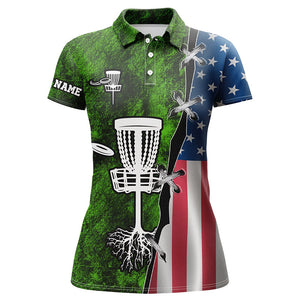 Womens disc golf polo shirt American flag green grunge custom disc golf team shirt, disc golf gifts NQS7934