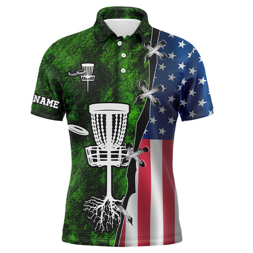 Mens disc golf polo shirt American flag green grunge custom disc golf team shirt, disc golf gifts NQS7934