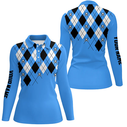 Womens golf polo shirt plus size blue argyle plaid golf skull pattern custom ladies blue golf tops NQS6018