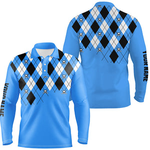 Mens golf polo shirt plus size blue argyle plaid golf skull pattern custom name mens blue golf tops NQS6018