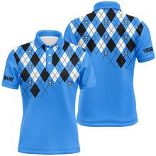 Load image into Gallery viewer, Mens golf polo shirt plus size blue argyle plaid golf skull pattern custom name mens blue golf tops NQS6018