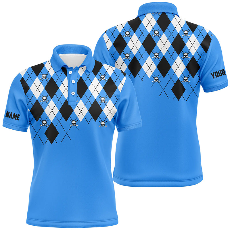 Mens golf polo shirt plus size blue argyle plaid golf skull pattern custom name mens blue golf tops NQS6018