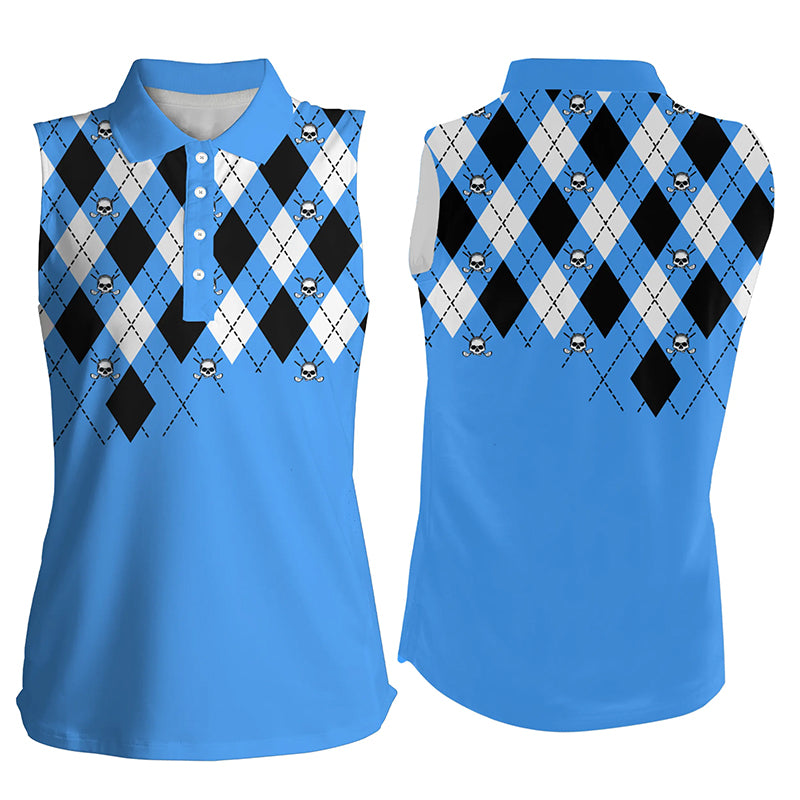 Women Sleeveless polo shirt plus size blue argyle plaid golf skull pattern ladies blue golf tops NQS6018