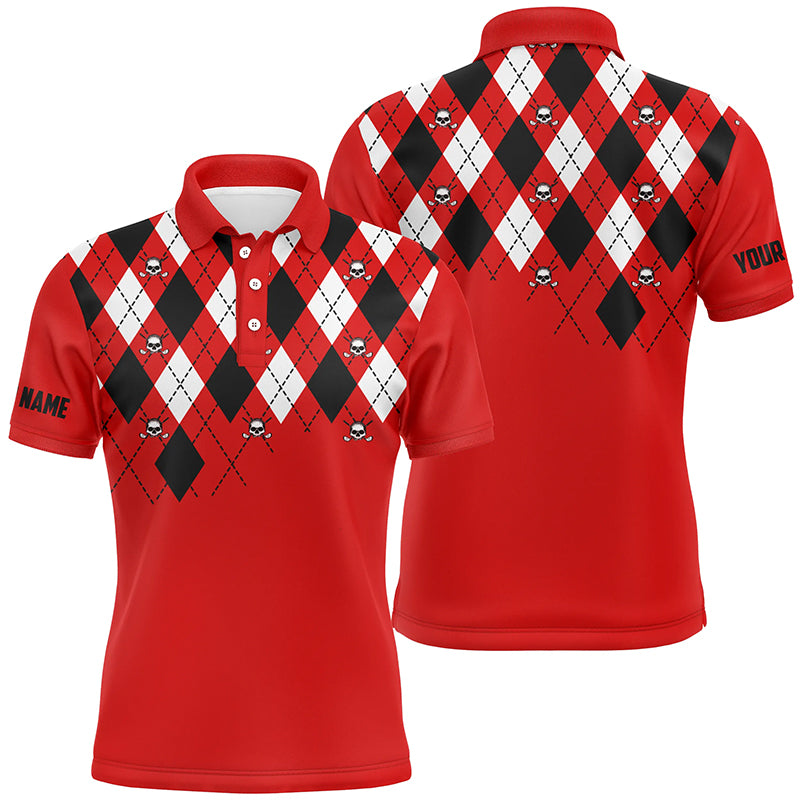 Mens golf polo shirt plus size red argyle plaid golf skull pattern custom name mens red golf tops NQS6019