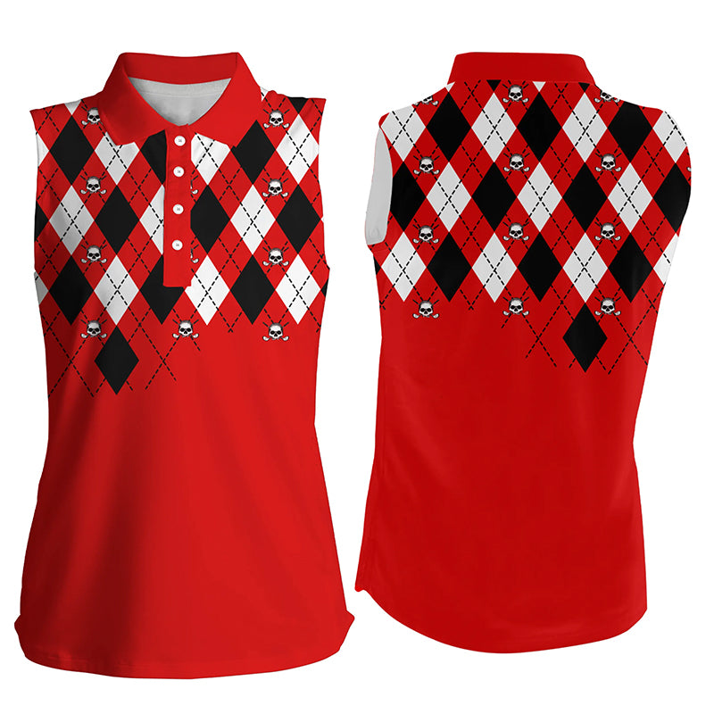 Women Sleeveless polo shirt plus size red argyle plaid golf skull pattern ladies red golf tops NQS6019