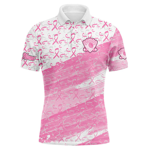 Mens golf polo shirts custom white and pink ribbon pattern Breast Cancer awareness golf attire for men NQS8125