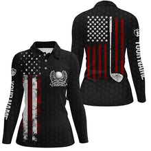 Load image into Gallery viewer, Vintage American flag black Womens golf polo shirts custom patriotic golf clubs best ladies golf wear NQS6241